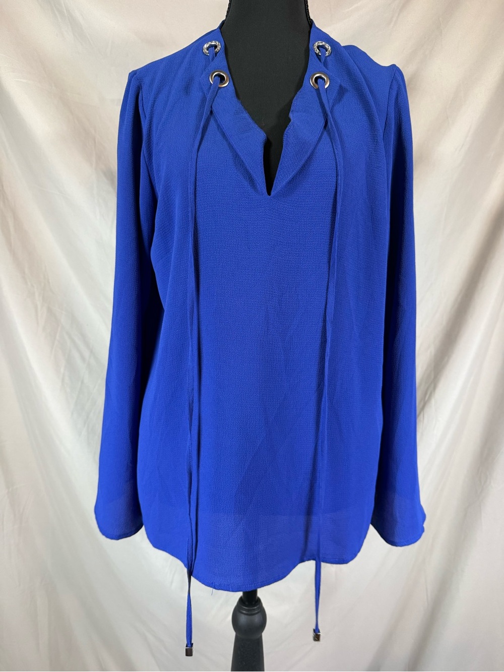 Michael Kors Royal Blue Keyhole Blouse -Silver Hardware Tie Neck Top- Medium